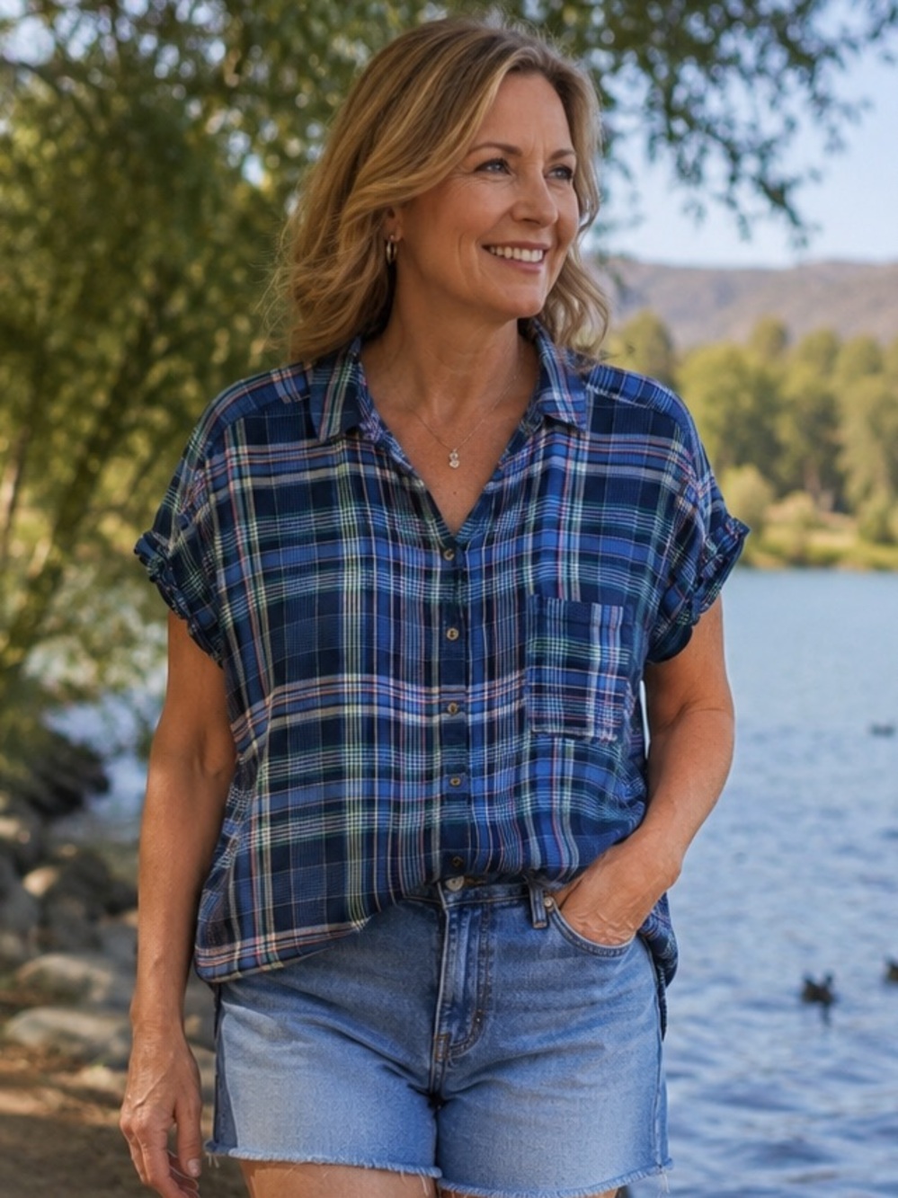 Sonoma Blue Plaid Short Sleeve Top